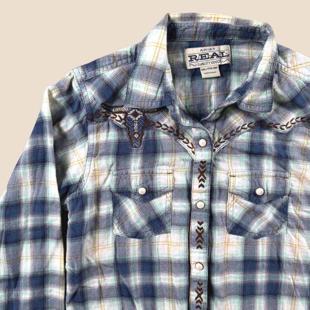 Ariat Plaid Button Down Girls XXL Western Cowgirl Embroidered Pearl Snap Shirt